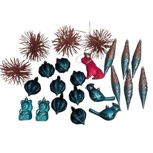 Lot Of 23 Christmas Ornaments Pink And Blue Modern Bird Dog Bears Shiny